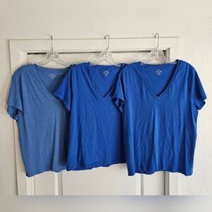 Lot Of 3 J. CREW Slub Cotton V Neck T-Shirts Cobalt & Light Blue Women's Sz XL